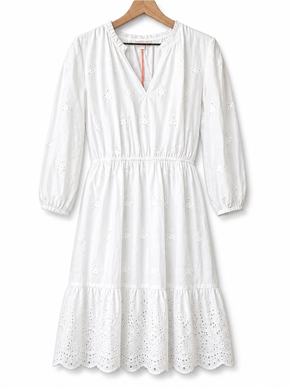 White Eyelet Mini Dress Boho Peasant V-Neck 3/4 Sleeve Flowy Summer Dress NEW